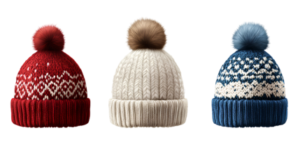 Winter Warmth Knitted Hats Cozy Headwear Collection Red White Blue Pom Poms Fashionable Cold Weather Style