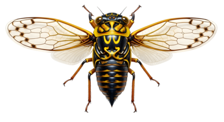 Detailed macro view of a cicada insect with intricate wing patterns