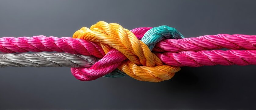Colorful ropes twisted together create an artistic display of strength and unity on a dark backdrop