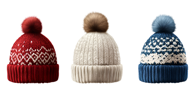 Winter Warmth Knitted Hats Cozy Headwear Collection Red White Blue Pom Poms Fashionable Cold Weather Style