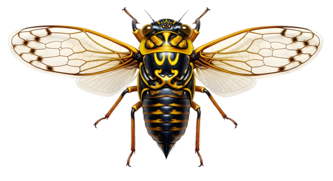 Detailed macro view of a cicada insect with intricate wing patterns