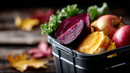 Кecycling icon with fruit. Organic waste sorting for recycling: fruit and vegetable peels kitchen compost bin. Eco-friendly waste separation for sustainable living. 