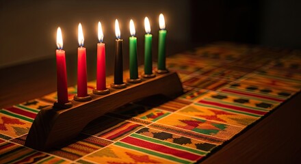 Seven Candles of Kwanzaa Celebration on a Colorful Mat