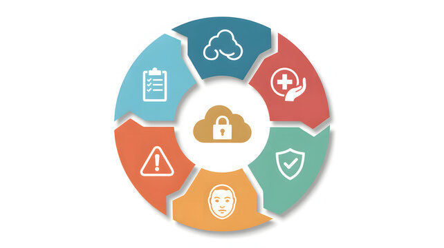 Secure data management cycle with cloud security, privacy, and risk assessment icons for modern business strategy