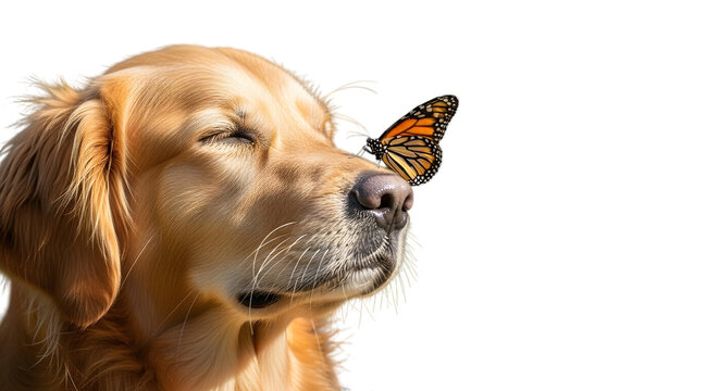 Golden retriever dog with monarch butterfly on nose gentle moment