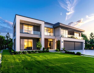 Modern two-story house with a large lawn and clear sky