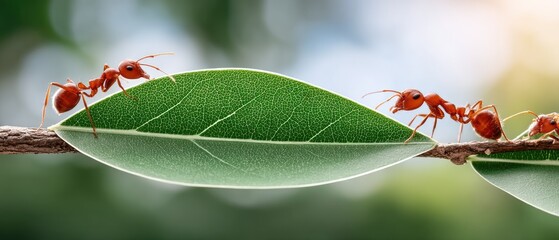 Red ants working together on a green leaf in a natural setting during daylight hours in a lush environment