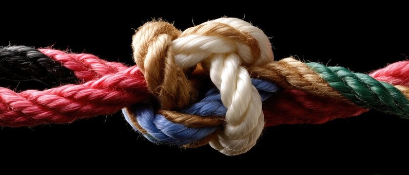 Various colored ropes tied together in a complex knot on a black background showcasing intricate knotting techniques