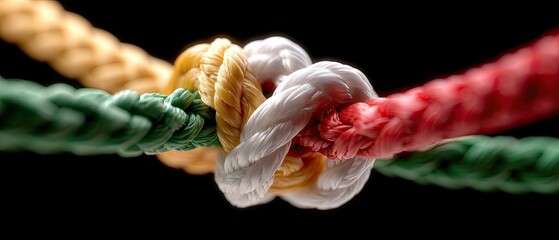 Colorful ropes tied together in a complex knot showcasing craftsmanship and strength during a creative project