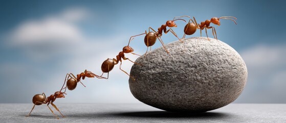 Ants working together to climb a smooth rock under a bright blue sky during daylight hours