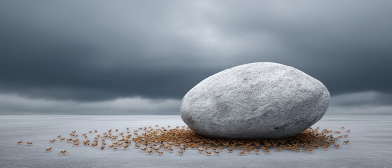 Large gray rock surrounded by tiny ants on a grey surface under a cloudy sky during daytime