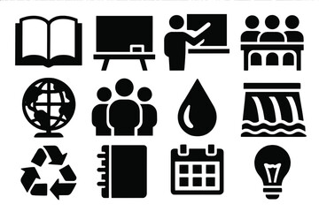 Hydropower Education Icons. Educational Hydropower silhouette icon set: open book, chalkboard, teacher icon, classroom, globe, student group, water droplet, dam, recycling symbol,