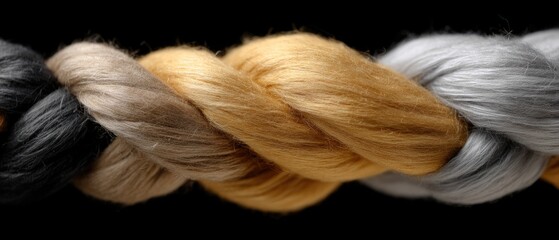 Colorful strands of braided hair create a unique and vibrant texture against a black background showcasing craftsmanship and creativity