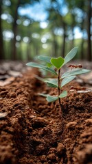 Tiny plant grows from rich soil while ants busily move around in a serene forest setting under soft sunlight
