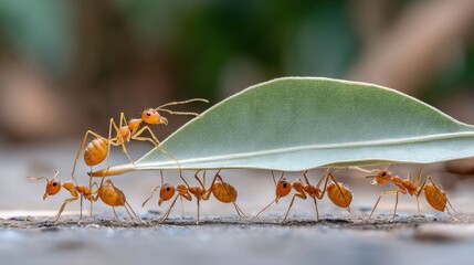 Ants carrying a leaf across the ground during a warm afternoon in a dense forest, showcasing their teamwork and determination in nature