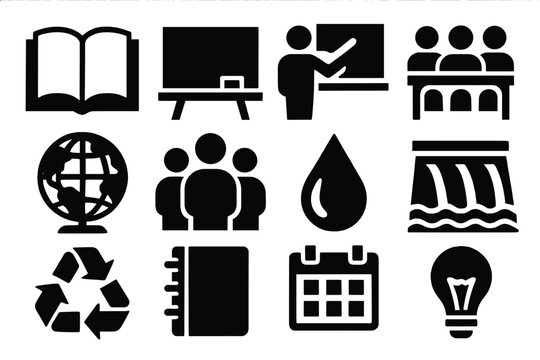 Hydropower Education Icons. Educational Hydropower silhouette icon set: open book, chalkboard, teacher icon, classroom, globe, student group, water droplet, dam, recycling symbol,