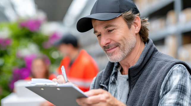 Warehouse supervisor filling out a checklist on a clipboard.. Man in an orange safety vest writing on a clipboard at a warehouse. Inventory audit and quality control.