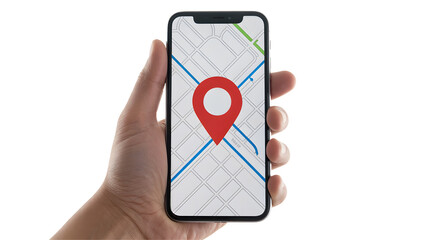 A hand holding a smartphone displaying a map with a red location pin on a black background