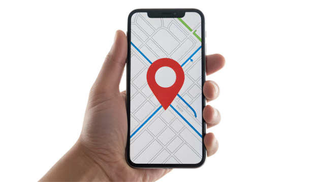 A hand holding a smartphone displaying a map with a red location pin on a black background - Powered by Adobe