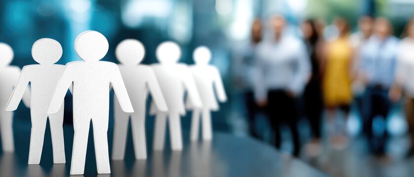 Group of paper figures in foreground with blurred people networking in a busy modern office during the day - Powered by Adobe