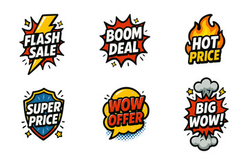 Fototapeta premium Comic flash sale badges, pop art discount icons