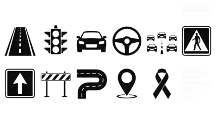 Essential road safety icons and symbols promoting traffic awareness for a safer journey