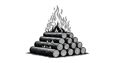 Naklejka premium A stylized black and white illustration depicting a roaring outdoor campfire with logs stacked neatly in a pyramid, generating bright flames and a warm glow.