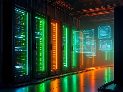 Modern data center with server racks and neon lights reflecting floor