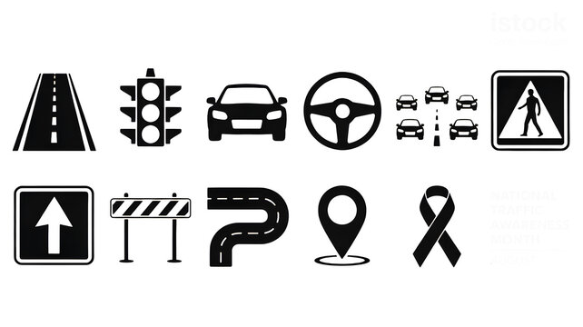 Essential road safety icons and symbols promoting traffic awareness for a safer journey