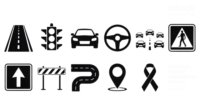 Essential road safety icons and symbols promoting traffic awareness for a safer journey