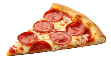 Delicious slice of pepperoni pizza with melted cheese isolated on transparent background