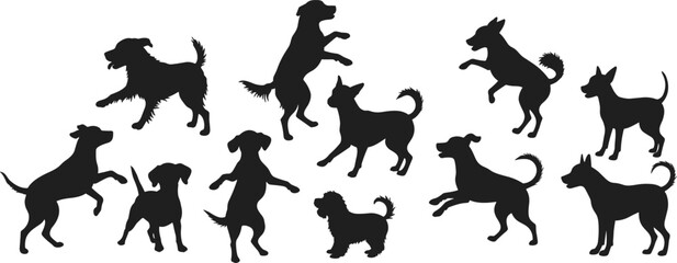 Silhouette of multiple playful dogs jumping and running together, energetic motion, pet friendship, outdoor activity, happy animal lifestyle concept illustration