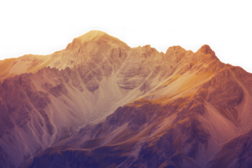 Golden hour sunlight illuminates rugged mountain range with sharp peaks isolated on transparent background