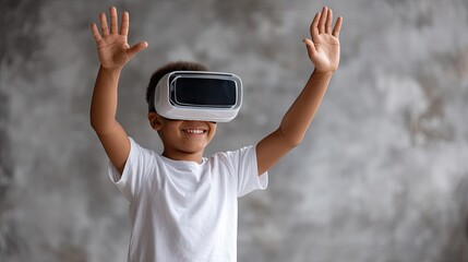 Excited child explores virtual reality while wearing a headset in a bright indoor space during playtime