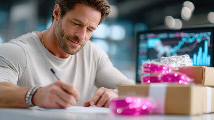 Dynamic entrepreneur in modern workspace with packaging supplies for creative business management