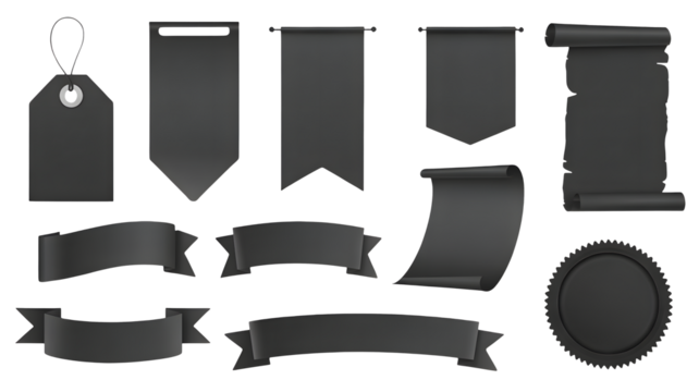 Versatile dark collection of modern banners, tags, ribbons, and scrolls for impactful graphic design and branding projects.