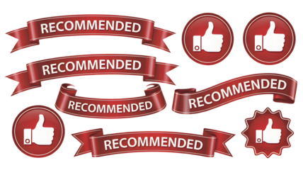 Stunning collection of red ribbons and badges featuring 'Recommended' text and white thumbs up icons for product endorsement and quality assurance