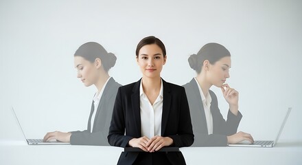 Confident businesswoman in suit standing in front of desk with laptop, concept of multitasking and time management