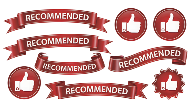 Stunning collection of red ribbons and badges featuring 'Recommended' text and white thumbs up icons for product endorsement and quality assurance