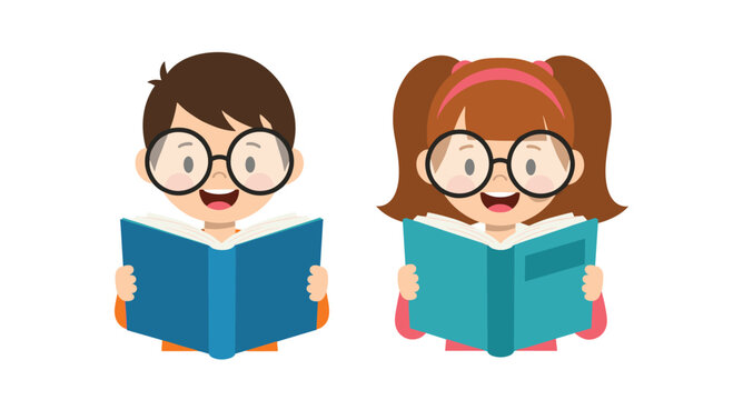 A cheerful young boy and girl, both wearing glasses, are happily reading books, showcasing a love for learning and education.