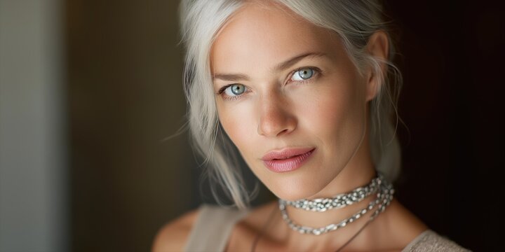Portrait of young caucasian female with silver hair and blue eyes