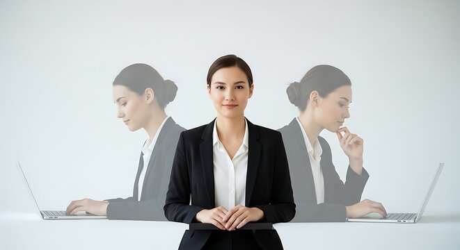 Confident businesswoman in suit standing in front of desk with laptop, concept of multitasking and time management - Powered by Adobe