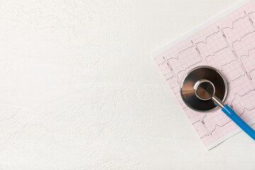 Medical stethoscope, red heart, and cardiogram on a color background. ECG, Heart wave, heart attack, cardiogram report. Cardiogram pulse trace and heart concept. Healthcare.Space for text