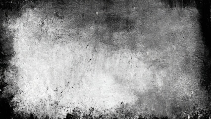 Monochrome distressed grunge texture overlay with aged film grain effect and borders. illustration.