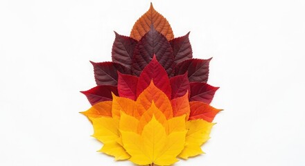 A symmetrical arrangement of colorful autumn leaves, showcasing vibrant seasonal hues.
