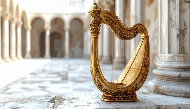Golden harp in ornate architectural setting with classical columns and a blurred background