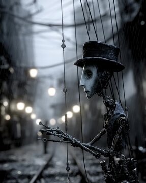 Mechanical Marionette in Urban Drama: A poignant scene of a mechanical marionette, its delicate form suspended by strings against a blurred urban backdrop.