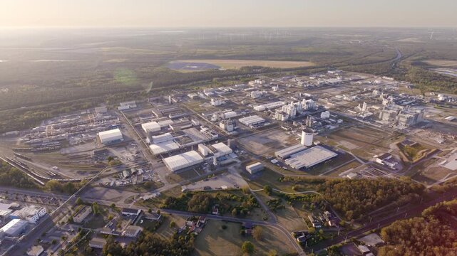 Drone flight over BASF Schwarzheide during nice sunset
