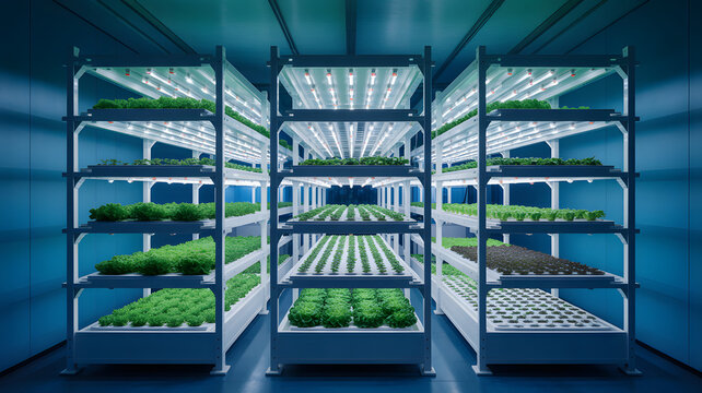 Vibrant rows of fresh lettuce and greens thrive under bright grow lights in a modern, controlled vertical farm environment, showcasing sustainable agriculture.