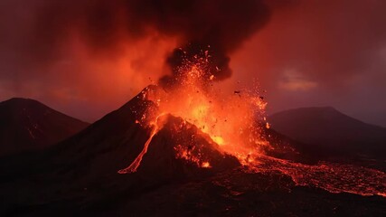 Fiery eruption of lava from a volcano in the evening sky